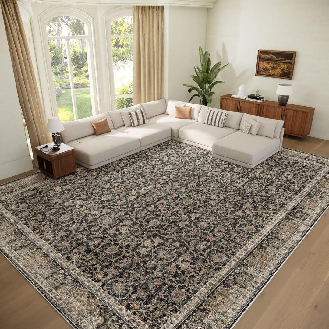 Washable 9x12 Area Rugs for Living Room, Boho Non-Slip Vintage Distress Lager Rugs for Bedroom Dining Room Nursery Office, 0.3" Neutral Oriental Throw Thin Carpet, Black/Blue/Multi,A1