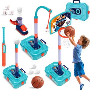 4 in 1 Basketball Hoop for Kids 1-3,Toddler basketball hoop and T-Ball Set, Height Adjustable Kids Basketball Hoop, Baseball Launcher, Indoor/Outdoor Basketball Hoop Toy for Boys and Girls Birthday Gifts (Green)