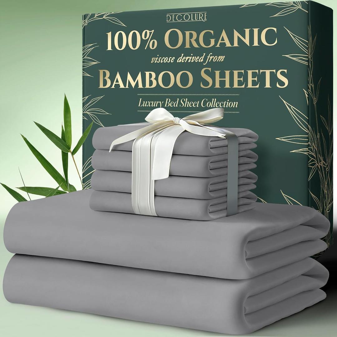 DECOLURE 100% Organic Viscose Derived from Bamboo Sheets Queen Size 6pcs - Ultra Soft & Luxuriously Cooling, 17" Deep Pocket, Double Stitching, Perfect for Hot Sleepers - Queen Bed Sheets (Midgrey)