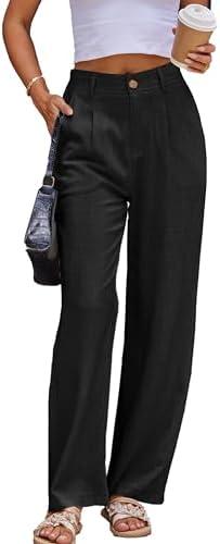 heipeiwa Women's Linen Pants Casual High Waist Wide Leg Straight Dress Cotton Linen Button Trouser Summer Clothes, S