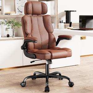 Kensaker Ergonomic Executive Office Chair with Adjustable Headrest & 90 Flip-Up Arms, High Back PU Leather Computer Desk Chair with 135 Rocking & Double Padding for Home Office Comfort, Brown