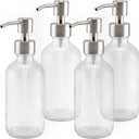Cornucopia Brands 8-Ounce Clear Glass Boston Round Bottles w/Stainless Steel Lotion Pumps (4-Pack); Empty Refillable Liquid Soap & Lotion Bottles
