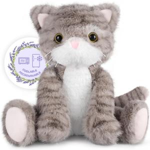 SuzziPals Heatable & Coolable Grey Cat Stuffed Animal, Cat Heating Pad Microwavable for Soothing & Relaxation, Lavender Scented Cat Plush Toy for Stress Relief, Stuffed Cat Toys for Kids