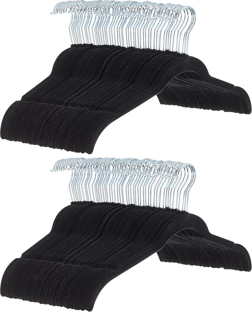 Amazon Basics Slim, Velvet, Non-Slip Shirt Clothes Hangers, Pack of 100, Black