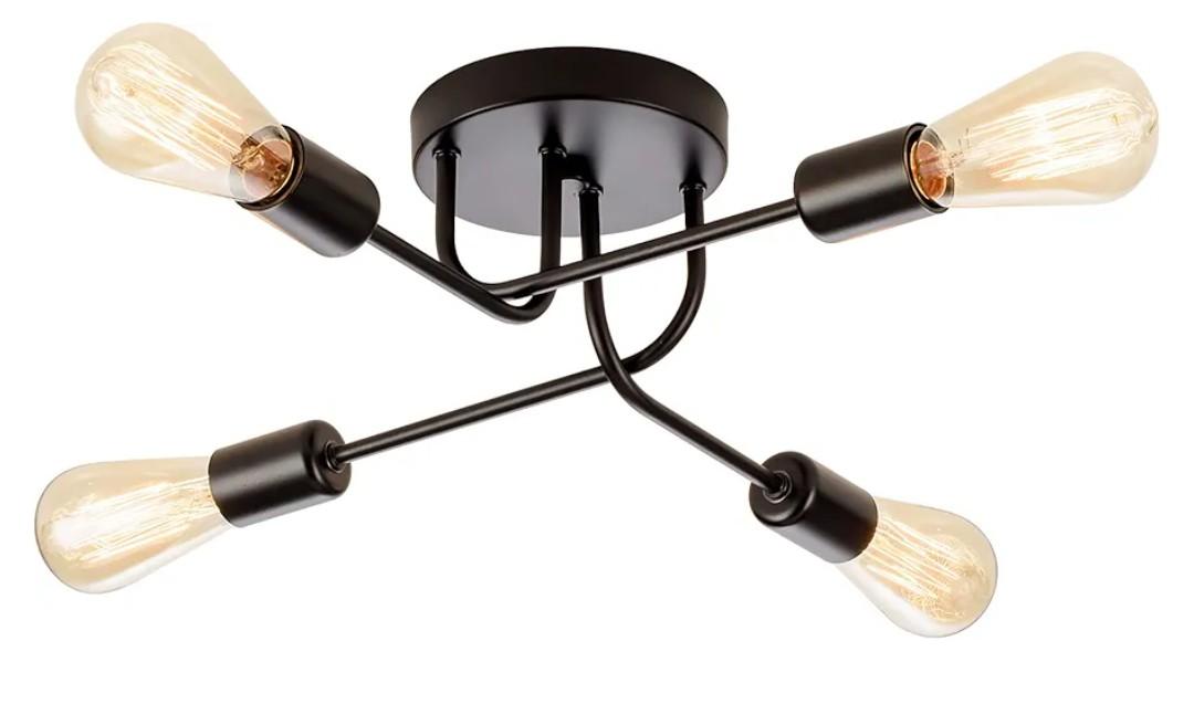 Industrial Semi Flush Mount Ceiling 4 Light with Adjustable Metal Branched Vintage Ceiling Light E26 Holder Black Painted for Kitchen Living Room Dining Room Bedroom （Black）(Bulb NOT Included)