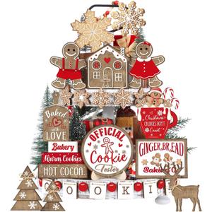 Christmas Gingerbread Wooden Tiered Tray Decorations Set Snowman Snowflake Gnome Truck Signs Farmhouse Christmas Table Decorations