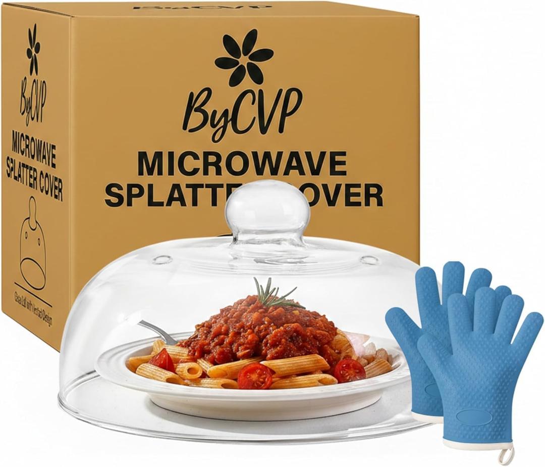 Glass Microwave Splatter Cover 10 Inch Borosilicate Glass Food Cover with Handle, Includes Heat Resistant Gloves, Dishwasher Safe