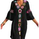 SweatyRocks Women's Floral Crochet Coverups Dress 3/4 Sleeve V Neck Sheer Beach Cover Up Dress Black X-Large