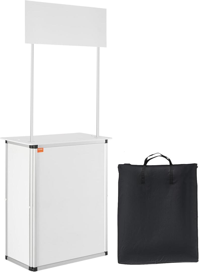 VEVOR Promotion Counter Table, Portable Tradeshow Podium Table, 30.91" x 14.96" x 71.46", Display Exhibition Counter Stand Booth Fair with Wall, Pop Up Podium with Storage Rack/Carrying Bag