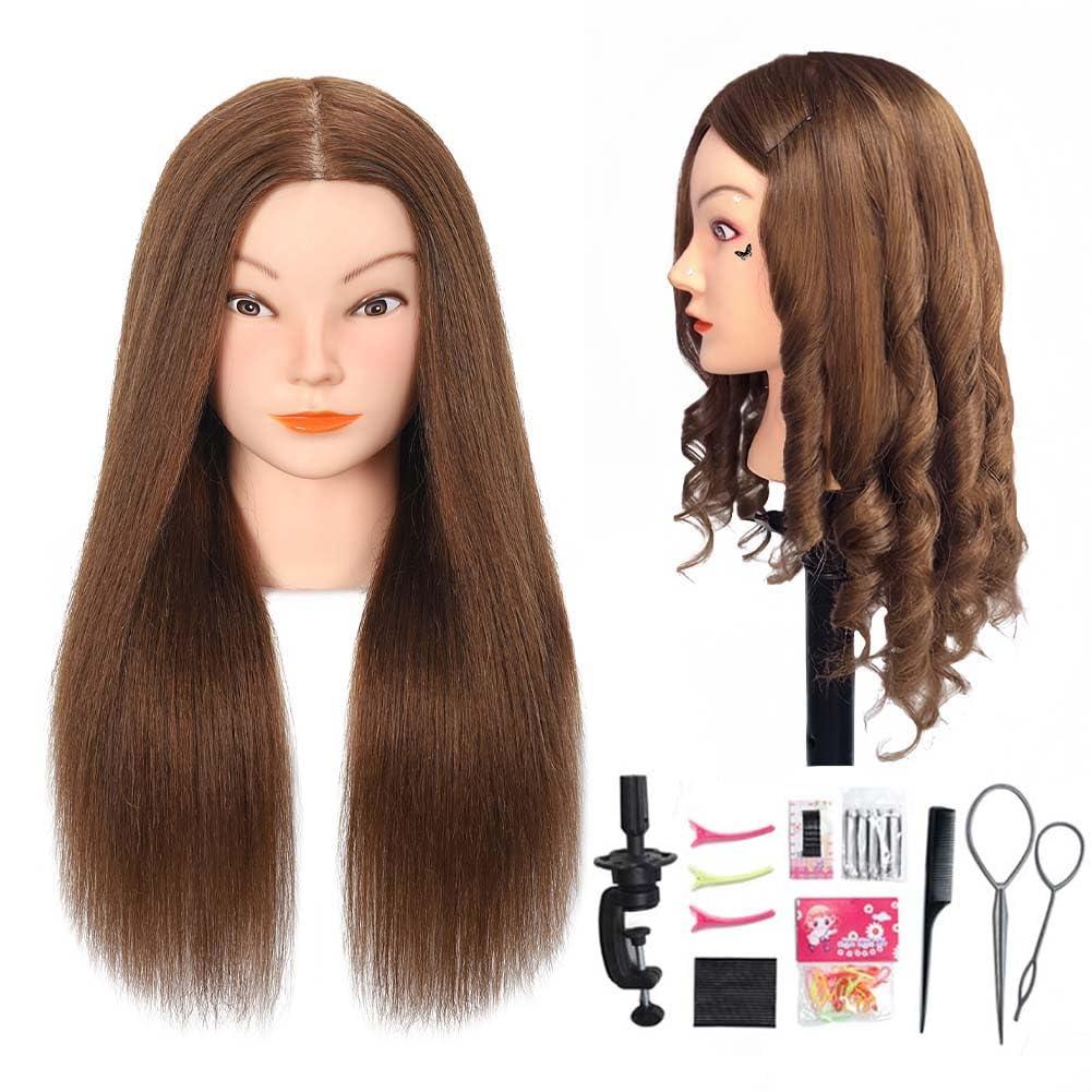 Mannequin Head with 100% Real Human Hair Cosmetology Mannequin Head to Practice Hairstyles Doll Head Training Head for Hairdresser (Brown)