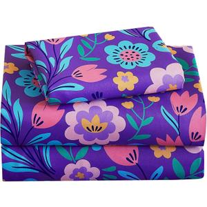 Softan Kids Bed Sheet Set, 3-Piece Twin Sheets Set, Microfiber Fitted Sheet with Corner Straps, Breathable & Silky Soft Durple Flower Butterfly Pattern Sheet and Pillowcase Sets