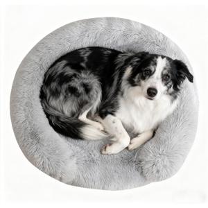 Calming Cute Dog Beds for Medium Dogs, Orthopedic Cushion Anti-Anxiety Donut Cuddler Bed, Soft Fluffy Faux Fur Plush Warm Cozy Removable Cover Fits Up to 35 lbs Pets (Round, Pale Grey 28")