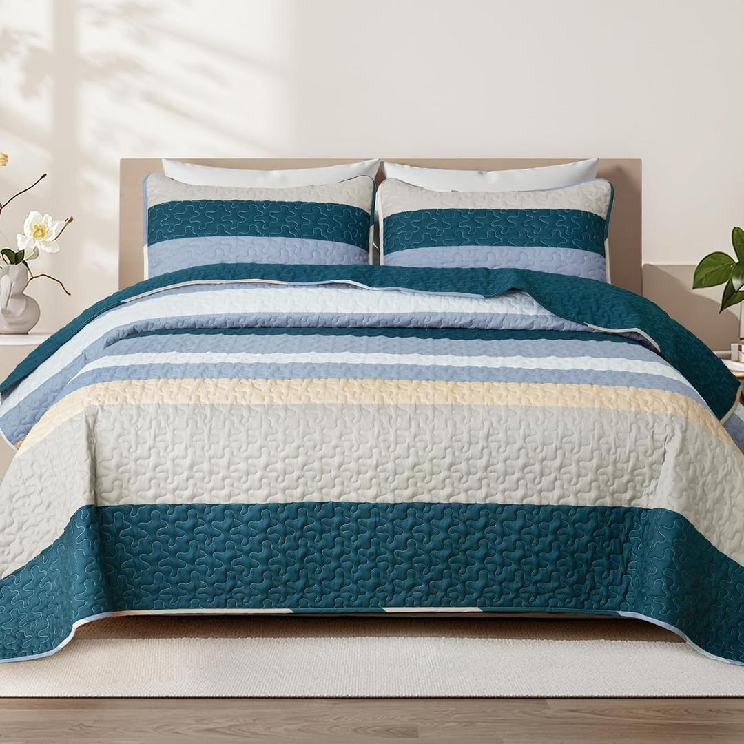 Whale Flotilla Full Queen Size Quilt Set - Reversible Navy Blue Quilts Queen Size with 2 Pillow Shams, Lightweight Boho Striped Bedspreads Coverlet Bedding Set for All Seasons
