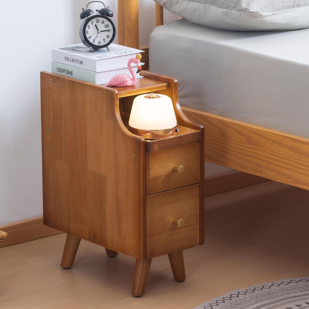 SOBIBO Small Nightstand, Narrow Nightstand, Solid Slim Wood Night Stand for Small Spaces, Couch, Walnut Color 7.87in Wide