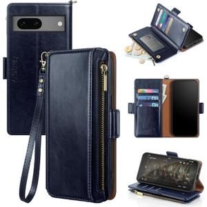 Antsturdy Compatible with Google Pixel 7a Case Wallet with Card Holder Women Men Phone Case RFID Blocking PU Leather Kickstand Flip Protective Cover Wrist Strap Zipper Credit Card Slots,Dark Blue