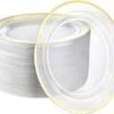 R-kay 100 Pack 7 Inch Clear And Gold Plastic Plates - Gold Rimmed Sturdy, Durable And Heavy duty Gold Plastic Dessert Plates Disposable - Appetizer Plates Disposable For All Occasions