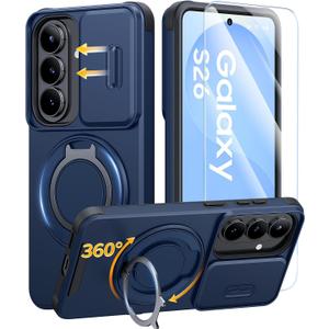 JAME for Samsung Galaxy S26 Case, Ring Holder Stand Kickstand, Slide Camera Cover with Screen Protector, Dual-Layer Shockproof Protective, Magnetic Accessory Friendly Galaxy S26 Phone Case, Blue