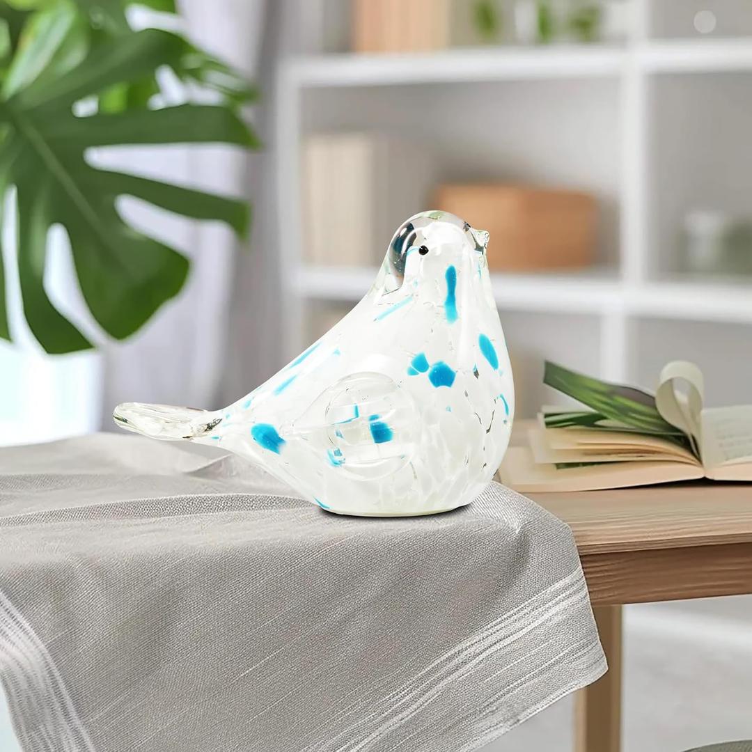 2 x Handmade Glass Bird w String Lights Figurine Blown Art Animal Sculpture, Home Decoration Tabletop Centerpiece Decor,Gifts for Bird Lovers (Blue and White)