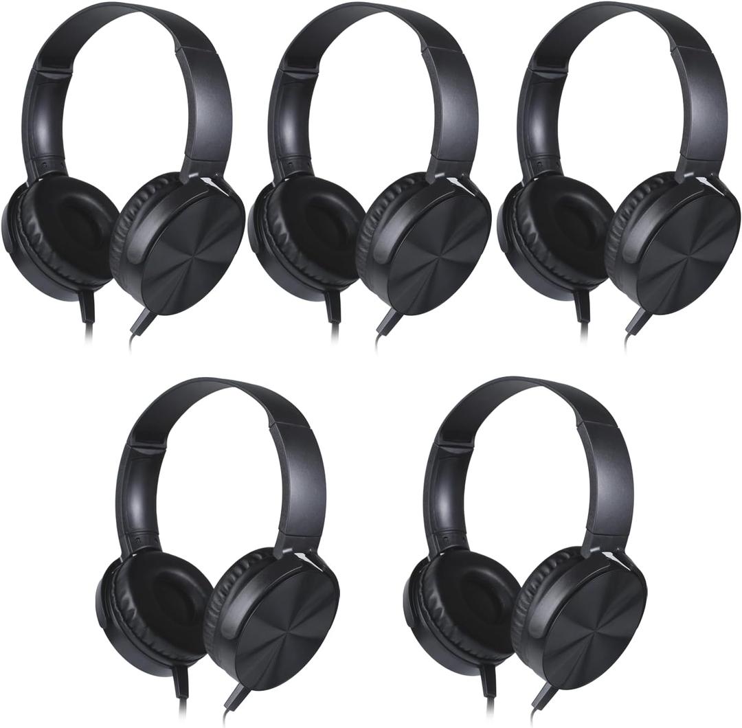 5 Pack Kids Headphones Bulk for School Classroom, Durable Students Wired Headset for Children Toddler Teen Boys Girls and Adult, Comfort On Ear Earphones for Laptop PC Chromebook (LS450, 5 Black)