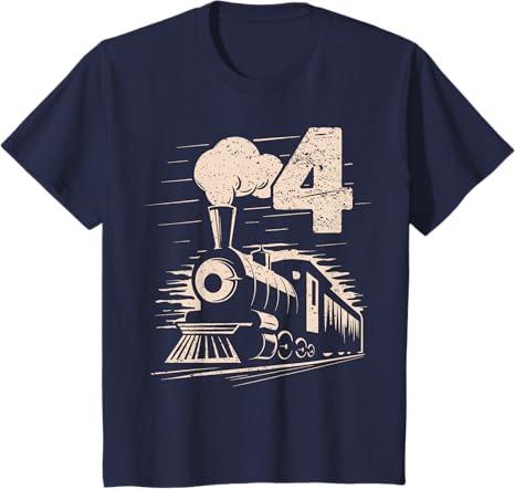 Funny Vintage 4th Train Birthday Boy Girl 4 Year Old T-Shirt (3T, Navy Blue)
