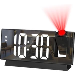 JXTZ Projection Alarm Clock, Large Screen Projector Clock for Bedroom Ceiling, Digital Clock with 180 Projector, 4 Levels Brightness, Alarm Clock Projector with Temperature Date Snooze 12H/24H (Black-white)