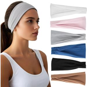 Headbands for Women - 6 Pack Wide Elastic Hair Bands | Stretchy Sweatbands Hair Bands | Soft Sports Thin Head Bands | Non-Slip Accessories Bands for Fashion, Washing Face, Workouts, Yoga, Daily Use (Grey/Navy/Brown/White/Pink/Black)