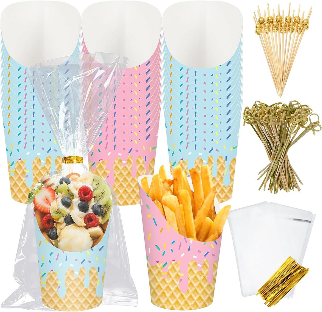 FYSUIMU 50Pcs Ice Cream Charcuterie Paper Cups with Sticks Bags Twist Ties 14oz Pink Blue Sprinkle Disposable Appetizer Cups French Fry Holder for Summer Party Supplies (EXP 12/31/36)