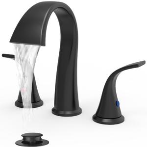 Bathroom Faucets 3 Hole Bathroom Sink Faucet with Pop Up Drain and Water Supply Hoses 8 Inch Waterfall Bathroom Faucet Two Handles for Vanity,Lavatory,Restroom,Commercial,Black