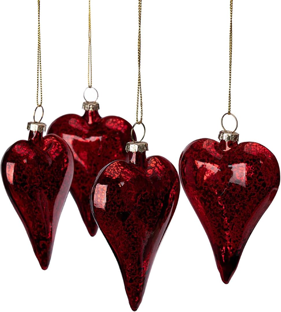4 Pcs Valentine's Day Heart Glass Ornaments, 3.2''Antique Red Glass Blown Heart Ornament, Romantic Love Hearts Shaped Baubles for Party, Valentines, Wedding Anniversary Christmas Tree Decor