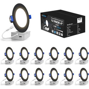 VOLISUN 12 Pack 4 inch Recessed Lighting, 5CCT LED Recessed Light Black, 2700K-5000K Selectable, 9.5W Eqv 80W, 810LM Dimmable Canless Wafer Downlight, LED Ceiling Light ETL Certificated