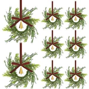 12 Sets Mini Christmas Wreath for Cabinets 7.87 Inch Artificial Cypress Cedar Wreath with Vintage Cow Bells Ribbon for Xmas DIY Craft Kitchen Chair Window Fireplace Wall Decor(Brown)