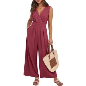ANRABESS Women Jumpsuits Sleeveless V Neck Elegant Dressy Casual Backless One Piece Pants Romper 2026 Summer Outfits (Medium, Burgundy)