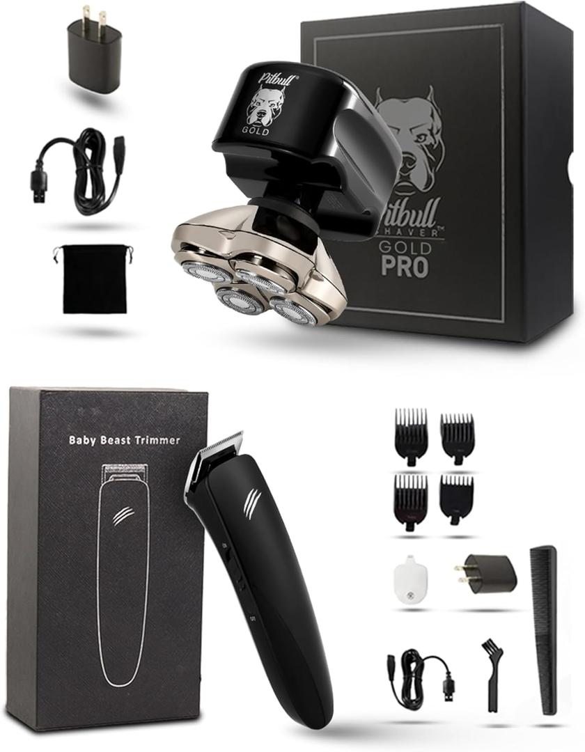 Skull Shaver Pitbull Gold PRO Head and Face Shaver: Ultimate Grooming Kit for Men, 5-in-1 Premium Bald Head Electric Head Shaver, Wet and Dry Easy Head Shaver (With Baby Beast Trimmer)