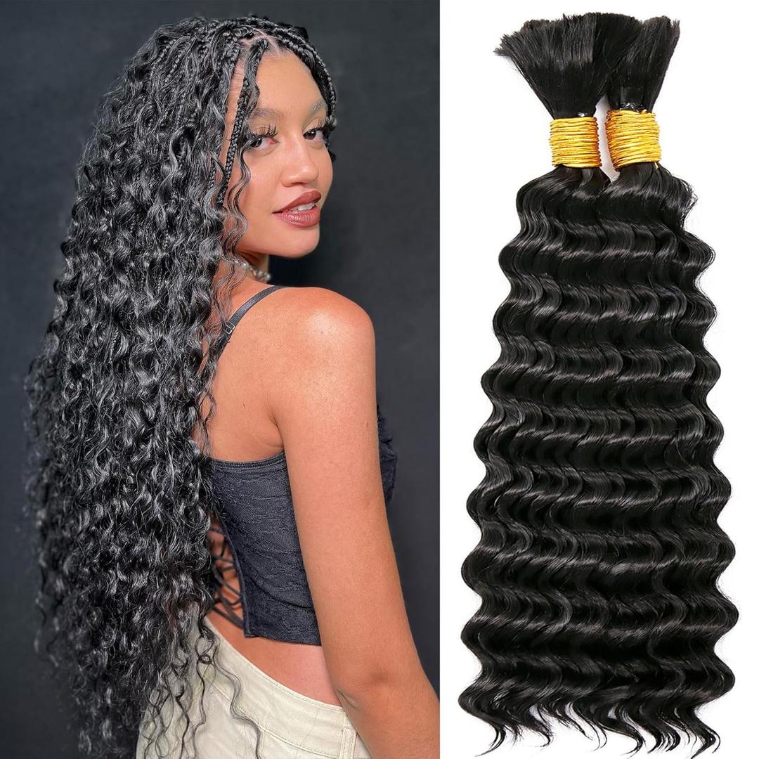 200G 18 Inch Boho Hair for Braiding Deep Wave Bulk Braiding Hair for Boho Braids No Weft Curly Bundles Wet and Wavy Braiding Hair Extensions 2 Bundle Water Wave, Nature Black