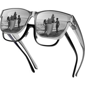 URUMQI Polarized Sunglasses Fit Over Glasses for Men Women, Oversized Square Shades UV400 Protection (03 Transparent Grey Frame/Grey Lens)