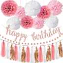 OuMuaMua Pink Rose Gold Birthday Party Decorations Set, Rose Gold Glittery Happy Birthday banner, Tissue Paper Pom, Circle Dots Garland and Tassel Garland for BDAY Party Decorations