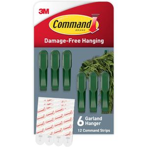 Command Garland Holder, Fireplace Mantle Garland Holder for Displaying Garlands, Wreaths, and Holiday Decor Without Leaving Damage, Holes, or Residue, Holds 2lbs, Green, 6 Pack