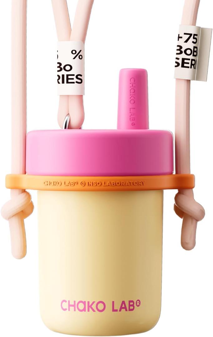 CHAKO LAB Kids Water Bottle with Carrying Rope and Straps | Vacuum Insulated Stainless Steel 16oz for School and Trvels | Two Travel Carrying Options | Vanilla Yellow