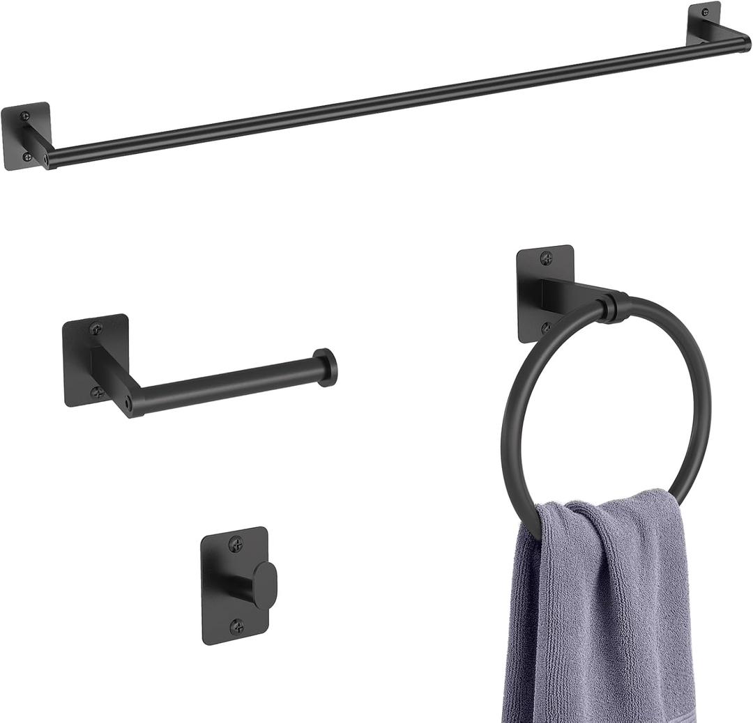 KLJKPA 4 Pieces Bathroom Hardware Set, 32 inch Towel Bar, Matte Black Bathroom Accessories Set, Towel Racks for Bathroom, Robe Towel Hooks, Toilet Paper Holder Wall Mounted