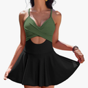 AI'MAGE Women's One Piece Swimdress V Neck Tie Back Skirt Swimsuit Push Up Tummy Control Bathing Suits XL