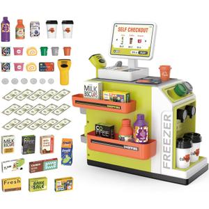 deAO Cash Register Toy Coffee Machine Toy - 2 in 1 Pretend Play Store with Credit Card, Play Money, Food, Scanner Learning Toys - Gift for Boys and Girls Ages 3+(Green)