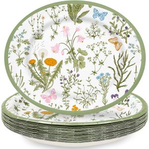 Spring Paper Plates 6.8 x 9 In Oval Wildflower Disposable Plates Green Wild Floral Small Decorative Tableware Dessert Plate for Home Party Decor Supplies, 50Pcs