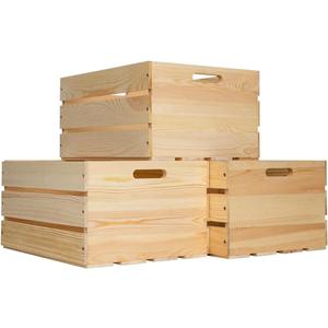 3 Pieces Large Pine Wood Crates For Storage, Unfinished Natural Wooden Crates, 17" x 13" x 8.9" Each, Holds Up to 50 Pounds