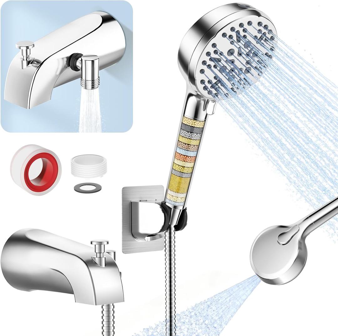 Bathtub Faucet with Filtered Handheld Shower Head, 6 Spray Modes from Rain to Powder, Tub Spout with Diverter,79" Extra Long Hose, High Pressure Bath Tub Faucet with Sprayer Attachment(Chrome)