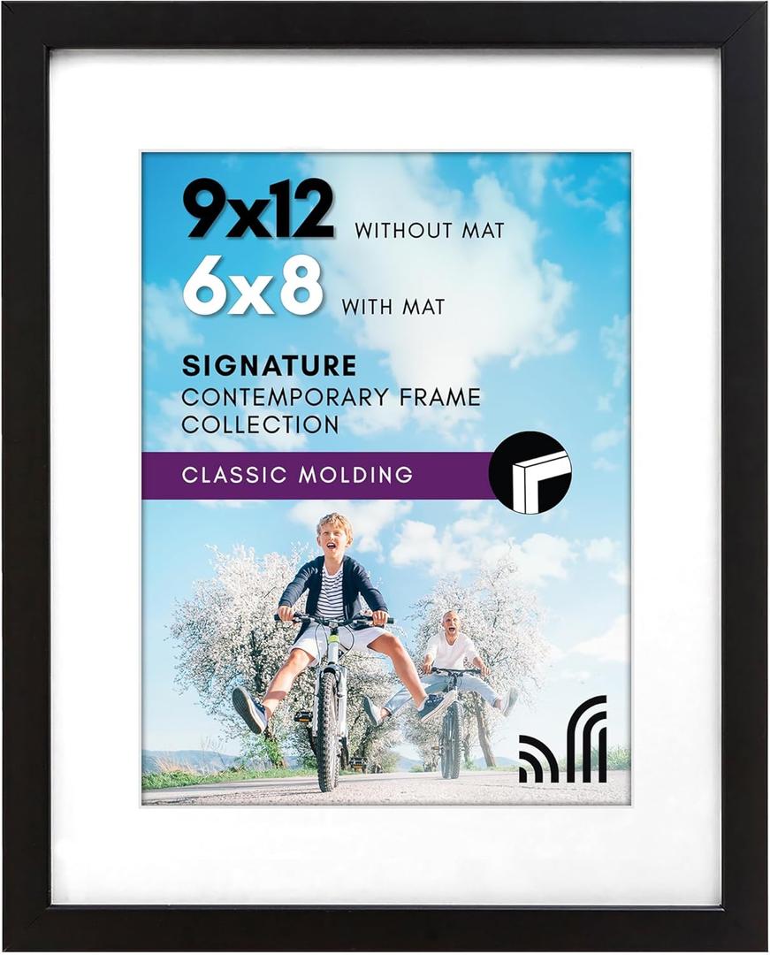 Americanflat 9x12 Picture Frame with Shatter-Resistant Glass - Use as 6x8 Frame with Mat or Display 9x12 Photo Without Mat - Signature Collection - Picture Frames for Tabletop and Wall Display - Black
