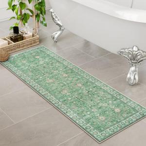 Uphome Boho Bathroom Runner Rug Mat 18x47, Non-Slip Soft Shaggy and Comfortable Large Size Microfiber Vintage Farmhouse Bath Rug, Super Absorbent and Thick, Machine Washable, Long Bath Mat, Green, 1'6" x 3'11",  (Rectangular)