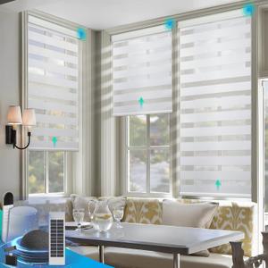 DENFOON Motorized Zebra Blinds, Solar Powered Dual Layer Automatic Shades with Remote Control, Rechargeable Smart Blinds Horizontal Wireless Electric Shades for Windows, Custom Size, White 27 x 72 (27"W x 72"H, No.1white)