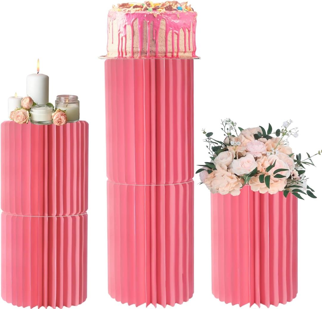 Stacking-Block Design Cake Stands for Party, Customizable Height, Sturdy Cardboard Column with Clearance Acrylic Plate, Reusable Round Cylinder Stands for Party Birthday Wedding Dessert, Pink