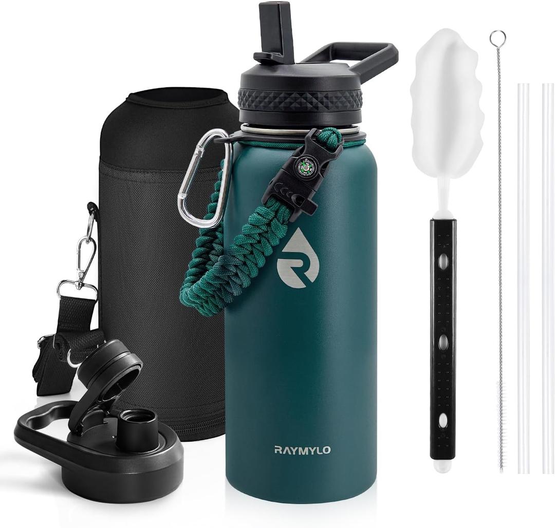 RAYMYLO Insulated Water Bottle 32 oz, Triple Wall Vacuum Stainless Steel (Cold for 48 Hrs), Leak Proof & Non-BPA, Modern Water Flask Jug with Paracord Handle & Straw Spout Lids, Dark Green