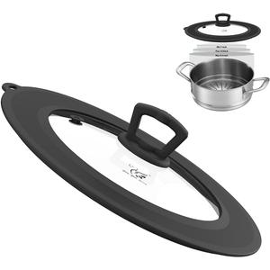 Vented Tempered Glass Universal Lid for Pot Pan Skillet with Heat Resistant Silicone Rim Microwave Splatter Lid Cover Microwave Safe Fit 8 8.5 9 Cookware, Dishwasher Safe Black (8"-9")